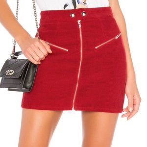 By The Way Malika Red Corduroy Mini Skirt Exposed Front Zipper Sexy 70's Pockets